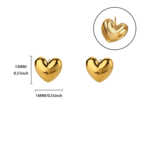 Detailed view of gold heart earrings with exact dimensions 14mm by 13mm shown on white