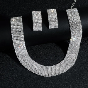 Elegant silver bridal jewelry set with sparkling rhinestones necklace and square earrings