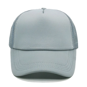 Detailed view of light gray mesh trucker hat featuring breathable panels and fine stitching