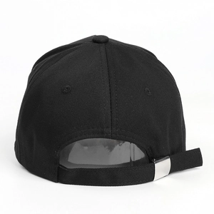Rear view of black cotton star baseball cap with adjustable silver metal buckle
