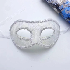 Elegant white lace masquerade mask for women with detailed floral patterns and satin ribbons