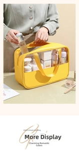 Detail of yellow waterproof PVC makeup bag with large capacity for travel toiletries