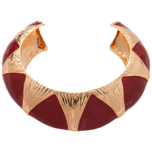 French retro gold brushed cuff bracelet with elegant deep red geometric enamel inlay