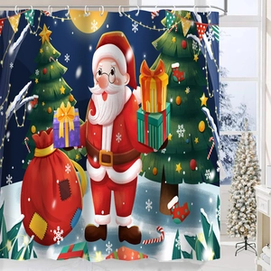 Detail showing waterproof polyester shower curtain with cartoon Santa and Christmas tree