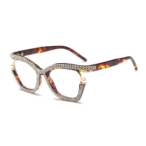 Cat Eye Eyeglasses Frames For Women Anti Blue Light Rhinestone Faux Artificial Pearl Embellished Metal Plastic Big Frame Luxury Fashion
