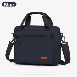Detail of blue waterproof business briefcase with reinforced handles and shoulder strap
