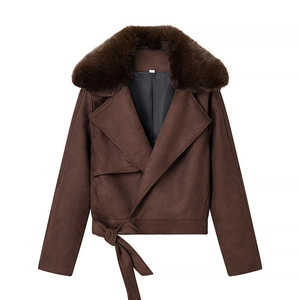 Brown faux suede jacket with plush collar and waist belt for a vintage autumn look