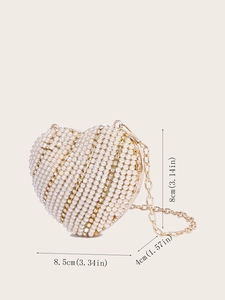 Mini heart-shaped evening bag with pearls, rhinestones, and gold chain strap dimensions