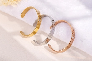 Detailed view of Love bracelets in gold, silver, and rose gold with zircon accents