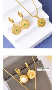 Detailed front and back view of 18k gold plated jewelry set with green agate and pearl