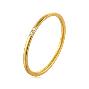 Minimalist gold stainless steel thin ring with two small inlaid cubic zirconia stones