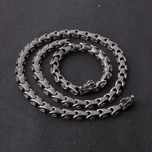 Men's retro silver stainless steel dragon bone chain necklace with detailed dragon heads