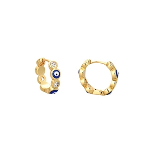 Gold evil eye hoop earrings with blue enamel and clear cubic zirconia in S925 sterling silver