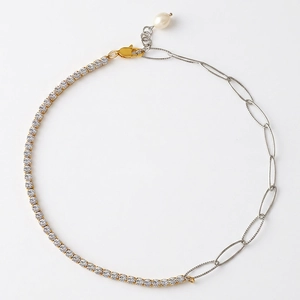 Spliced Chain Necklace Titanium Steel Zircon Freshwater Pearl Pendant Asymmetric Two Tone Minimalist Jewelry For Women