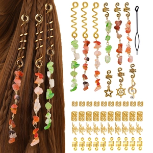 49-piece gold dreadlock jewelry set with natural stone pendants and metal hair rings