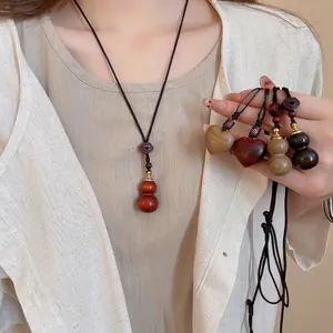 Vintage Wooden Pendant Necklace Ethnic Heart Gourd Shape Handmade Braided Rope Jewelry For Women Boho Style