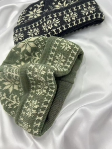Detaillierte Strickstruktur von Wintermützen mit Schneeflocken und geometrischen Mustern