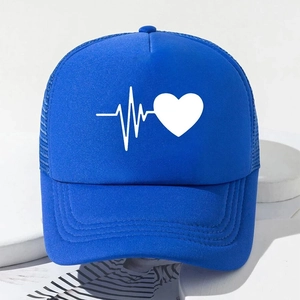 Detail of royal blue trucker hat with heart rate print and breathable mesh back