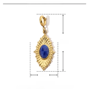 Detail view of gold stainless steel pendant with blue natural stone and size dimensions