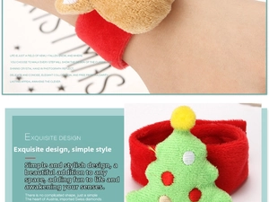 Detail of plush Christmas slap bracelets with reindeer and festive tree designs