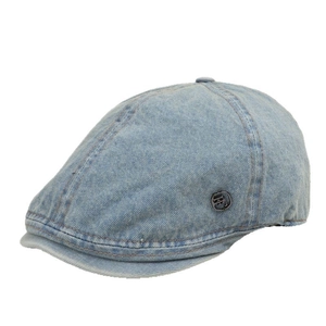 Classic washed light blue denim flat cap for women and men featuring a metal logo detail