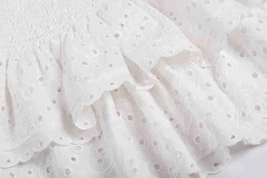 Gros plan sur un tissu en dentelle blanche avec broderie anglaise et détails ajourés