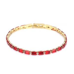 Luxurious gold chain bracelet featuring rectangular red zircons and a secure folding clasp