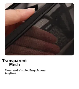 Detail of black mesh storage bag showing semi-transparent nylon fabric and zipper