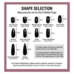 Size guide for handmade press-on nails showing various nail shapes and length dimensions
