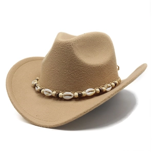 Detail of camel wool fedora with bohemian seashell and wooden bead hatband