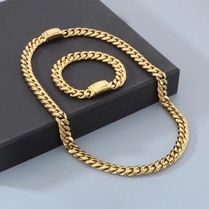 Polished 12mm golden stainless steel Cuban chain necklace and bracelet jewelry set for men