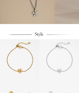 Detailed set of floral necklace, bracelet, and studs in gold and silver steel finish
