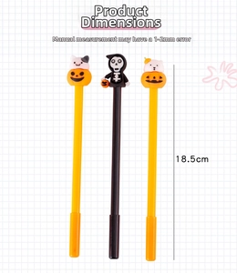 Detailed view of Halloween pens with pumpkin and skull toppers, measuring 18.5 cm long