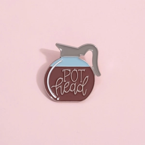 Creative coffee pot enamel pin with POT head lettering and brown metal finish