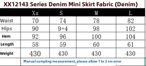 Tableau des tailles pour jupe midi en jean avec mesures de la taille, hanches et longueur