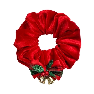 Christmas red velvet scrunchie with plaid bow, holly berries and gold bells for women