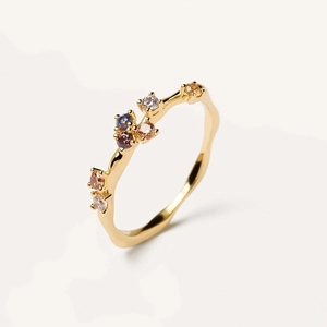 Vintage s925 silver gold ring with colorful gemstones in a wavy minimalist design