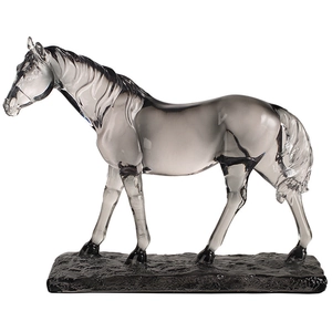 Abstract translucent gray resin horse sculpture on black rock base for modern decor