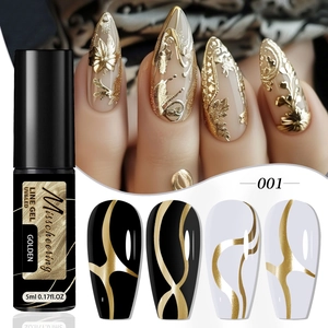 Detailed view of gold metallic line gel showing bottle, application, and swatches