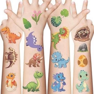 Vibrant cartoon dinosaur waterproof temporary tattoos for kids featuring a T-Rex on arm