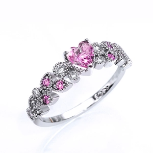 Detailed view of heart-shaped pink zircon ring with S925 sterling silver hallmark stamp
