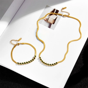 Flat Snake Blade Chain Jewelry For Women Stainless Steel Rhinestone Round Stone Inlaid Vintage Fashion Gold Tone