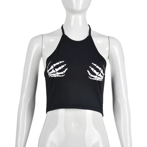 Sexy black halter neck crop top featuring white skull hand prints for women