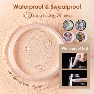 Waterproof oil-control setting powder showing fine texture and before/after comparison