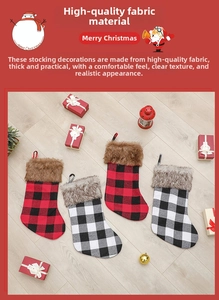 Detail of red and black buffalo plaid Christmas stocking with brown faux fur trim