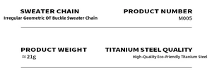 Detailed spec sheet for OT buckle sweater chain made of durable titanium steel
