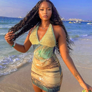 Sexy halter neck patchwork dress with yellow crochet top and beach print bodycon skirt