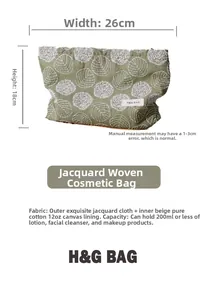 Detail showing dimensions of green floral embroidery cosmetic bag made of cotton linen