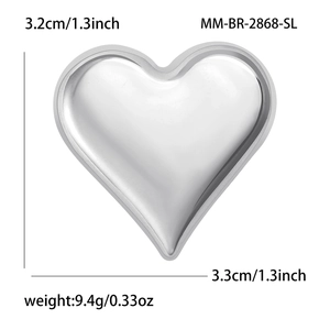 Elegant silver heart-shaped alloy brooch with precise dimensions of 3.2cm for women's suits