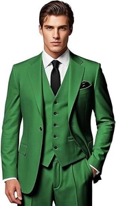 Detail shot of a slim fit green three-piece men's suit with notch lapel and vest